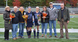 Allison Lucenta (17) and Emily Williams (22) on Senior Day. (Photo courtesy of Westfield State Sports)