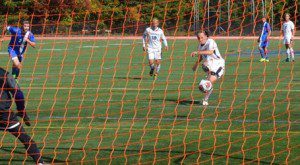 Westfield State's Jack Fisher buries the game-winning goal against Worcester State. (Photo courtesy of Westfield State)