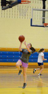 Gateway Regional's lone senior girls' basketball player, Joanna Arkoette goes up for a lay-up during the team's first official practice of the 2015-16 season Monday. (Photo by Chris Putz)