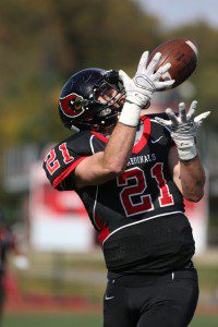 Catholic University of America junior wide receiver Billy Smith, of Westfield, catches the first of three touchdowns in a memorable collegiate effort Oct. 31. (Submitted photo)