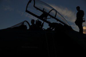 Members of the 104th Fighter Wing conduct final checks before flying in support of the Weapons School at Nellis AFB. (Photo by MSgt Elvis Martinez)