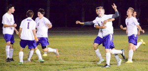 Westfield Technical Academy celebrates after scoring the game-winning goal in the opening seconds of the second half against St. Joe's in a West Sectional Division 4 tournament quarterfinal game Friday night at Bullens Field. (Photo by Lynn F. Boscher)