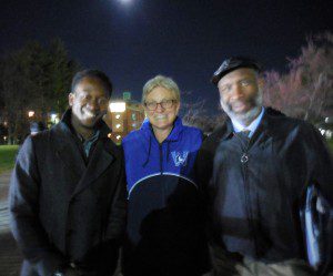 Organizer Wayne Barnaby with Interim President Liz Preston and Vice President of Student Affairs carton Pickron at the World Peace Vigil on Monday at Westfield State. (Photo by Amy Porter)