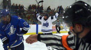 Roman Pfennings celebrates his goal vs. Assumption College. (Courtesy of Westfield State Sports)