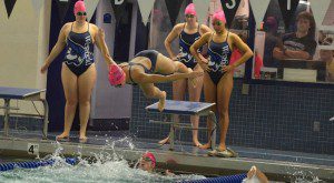 Westfield State's Tia Pariseau dives in in a 200 medley relay race earlier this season. (WSU File Photo)