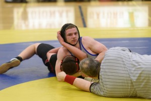 Gateway attempted to lock down Hampshire in a  wrestling match Wednesday night in the Gator Pit. (Photo by Marc St. Onge)
