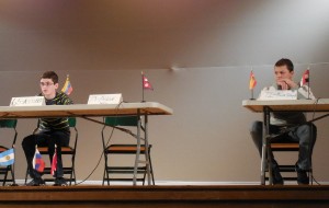 Sixth-grader Antonio Phaneuf and seventh-grader Max Physhnyak competed in the championship round of the North Middle School Geography Bee on Thursday. (Photo by Amy Porter)