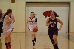 Westfield's Leighanne Sullivan dribbles the ball up the court against Ludlow Thursday night. (Photo by Lynn F. Boscher)