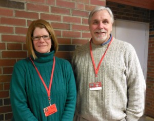 Lisa Stawasz, fundraising director for the WHS BOP (Band and Orchestra parents) and Patrick Kennedy, lead music teacher at the secondary level for Westfield Public Schools. Stawasz and Kennedy are busy with arrangements for upcoming band shows. (Photo by Amy Porter)