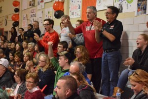 Family members, friends, and fans cheer on the Westfield High School swim team during "senior night" against visiting Amherst Friday. (Photo by Lynn F. Boscher)