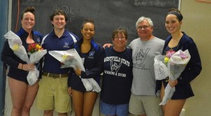 Westfield State recognized its senior swimmers before the meet: Senior Jenny Keane, assistant coach Adam Overlock, senior Haylee McQuay, assistant coach Sue Parker, head coach Dave Laing and senior Alana Sullivan. (Courtesy of Westfield State Sports University)