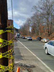 Route 20 in Westfield near the West Springfield line. A car struck the utility pole on January 9 sending two people to the hospital. (Photo by Christine Charnosky, January 11, 2016). 