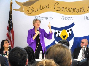 U.S. Senator Elizabeth Warren responds to a question by students at Westfield State on Monday. (Photo by Amy Porter)