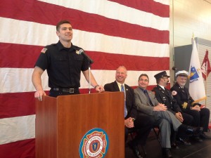 Firefighter David Albert addresses his fellow graduates. (Photo by Dennis Hohenberger)