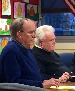 Southwick-Tolland-Granville Regional School Committee members Theodore Locke and George LeBlanc listen to discussion during last night's meeting. (Photo by Hope E. Tremblay)