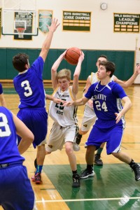 Southwick's Matt Daley attempts to make an aggressive move against visiting Granby. (Photo by Marc St. Onge)