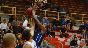 Tchuijo Nkamebo goes up for a contested layup against Worcester State on Saturday. (Photo courtesy of Westfield State University Sports)