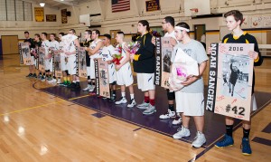 Westfield Tech senior hoops' players are honored in a special "Senior Night" ceremony Thursday night at home against McCann Tech. (Photo by Bill Deren)