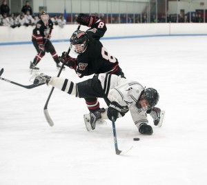 Westfield upended Longmeadow on the ice in double overtime of a west sectional Division 3 boys' ice hockey semifinal Thursday night at the Olympia in West Springfield. (Photo by Bill Deren)