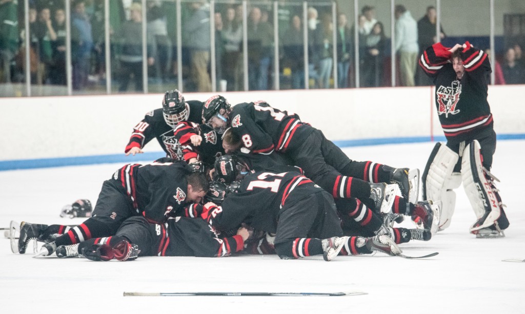 The Westfield Bombers pile up at center ice after capturing the 2015-16 Division 3 West Sectional boys' ice hockey championship at the Olympia in West Springfield. (Photo by Bill Deren)