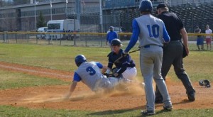 Westfield State catcher Evan Moorhouse applies the tag at the plate. (WSU File Photo)