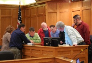 The Westfield Planning Board reviews schematics before a public hearing in March 2016. (Photo by Amy Porter)