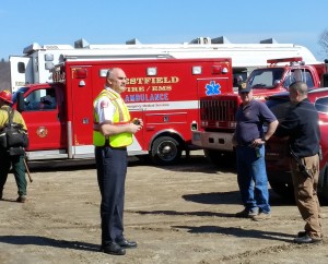 Nearly 30 fire departments work from a command center on Pitcher Road to fight the 70-acre brush fire on Tekoa Mountain. (Photo by Christine Charnosky)