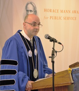 President Dr. Ramon S. Torrecilha brings greetings from Westfield State University at the 2016 Horace Mann Awards for Public Service. (Photo by Lynn Boscher)