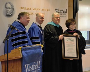 Sheridan “Bing” Carey (second from right) accepts his Horace Mann Award for Public Service (Photo by Lynn Boscher).