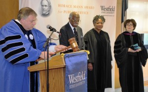 (l-r) Steven Marcus presents the Horace Mann Award for Public Service to Lucille Gibbs (posthumously) as her husband Chester Gibbs, daughter Stephanie Gibbs and Marsha Marotta look on. (Photo by Lynn Boscher)