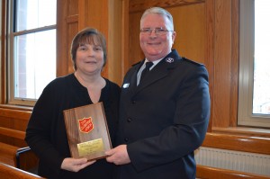 Laurie Matthews, a volunteer of the year nominee representing the Salvation Army, was honored by receiving the prestigious Joseph "Joe" Barnes Memorial Award by Wil Leslie, service extension director, MA Salvation Army.