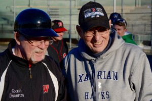 Westfield High School baseball coach Rich Discenza, left, poses with former legendary head coach Tom Sgroi following Thursday’s game against Central. It was Discenza’s 200th career victory. (Photo by Chris Putz)