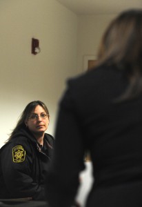 Kerri Francis, Westfield’s animal control officer, is questioned by ADA Magali Montes during the trial of Jennifer Gingras of Holyoke on a charge of cruelty to an animal. (Photo ©2016 Carl E. Hartdegen)