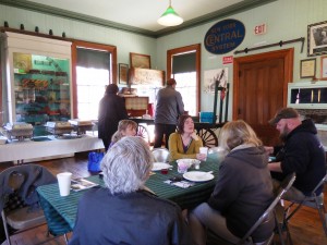 Members of the Jacob's Ladder Business Assoc. have breakfast at the Chester Railway Museum before the hike to the Keystone Arch Bridges on Saturday. (Photo by Amy Porter)