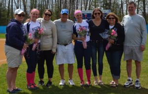 Westfield State seniors Jamie Ricciardi (left) and Emilie Manna (right) celebrate Senior Day with family at Alumni Field. (Courtesy of Westfield State Sports)