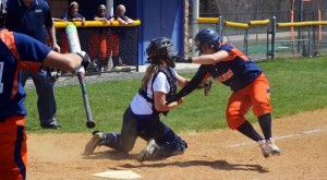 Westfield State catcher Angelica Banning tries to put the tag on a Salem State base runner on a play at the plate on Saturday. (Matt Zarrella photo)