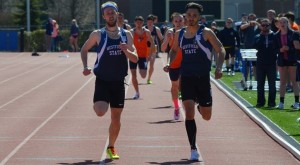 Steve Parece and Matt Moussamih match strides in the home stretch of the 800 meters at the Jerry Gravel Classic. Parece won the race by just 3/100th of a second. (Photo courtesy of Westfield State Sports)