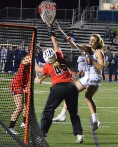 Roni Orcutt scores the game-tying goal late in the second half to force overtime against Bridgewater State.  Westfield won, 12-11 in OT. (Courtesy of Westfield State Sports)