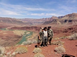 CJ Crean, Dominic Fattorini, and Liam Kennedy on the Escalante Route above the Colorado River in the Grand Canyon.