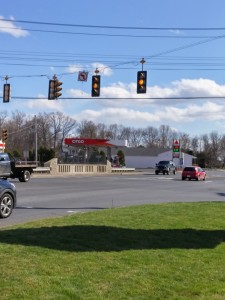 The wind knocked out the street lights at the intersection of Route 202 and Arch Road near the Mass Turnpike on Sunday. (Photo by Christine Charnosky).