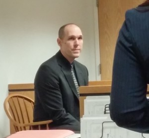 Westfield Police Officer Michael Bradley testifies at Adrian Hinds' dangerousness hearing Monday, April 4, 2016 in Westfield District Court (Photo by Christine Charnosky). 