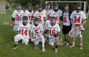 Seniors for the Westfield High School boys' lacrosse are pictured: (Front row) Connor D’Onofrie (14), Matthew Chlastawa (5), Michael Viscoti 10); (Back row) Dan Gosselin (24), Jacob Kearing (12), Mario Metallo (2), Neil Sheehan (15); and Anthony Sullivan (11), Dylan Wainscott (6), Matthew Reynolds (34). (Photo by Lynn Boscher)