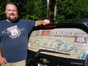 Bryan Farr, president of The Historic US Route 20 Association has the map of Route 20 displayed on his rear windshield. (Photo by Amy Porter)