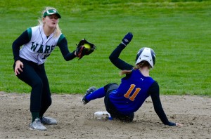 Gateway’s Dana Britland (11) slides safely into second base for a stolen base before a Ware infielder can apply the tag Thursday. (Photo by Chris Putz)