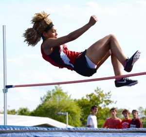 Bianca Hiltz successfully soars for the Bombers at the District F & G track and field championships Friday at Holyoke High's Roberts Field. (Photo by Chris Putz)