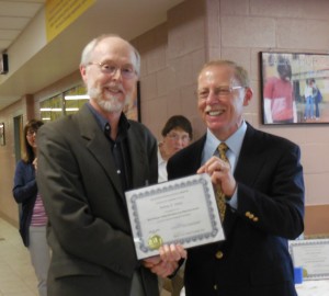 Retiring Gateway English teacher Rod Kleber (left) also received the Pioneer Valley Excellence in Teaching Award from superintendent Dr. David B. Hopson. (Photo by Amy Porter)