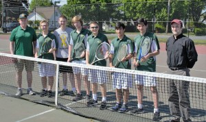 The St. Mary High School boys' tennis team are, (pictured from left to right): head coach George Hart, players Will Armstrong, Zach Mastalerz, Patrick Boyle, Garrett Almeida, Matt Bruno, and Joe Wilcox. Assistant coach Father Chris Fedoryshyn stands at far right. (Photo by Lynn Boscher) 