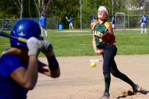 Southwick softball pitcher Emily Lachtara, right, deals at Palmer High School. (Photo by Chris Putz)