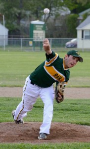 Southwick pitcher Nick Kavarakis follows through with a pitch Monday against visiting Hampshire. (Photo by Chris Putz)