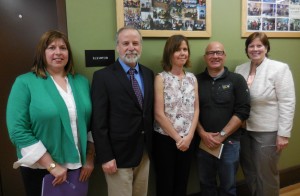 (Left to right) Susan Dargie, WPS director of curriculum and instruction, Westfield State University's Dean of Faculty Dr. Stephen Adams, Dr. Jennifer Hanselman, associate professor of biology, Dr. Jim Wright, professor of mathematics and WPS Superintendent Dr. Suzanne Scallion.  Westfield Public Schools and Westfield State Unversity are embarking on a two-year Title IIB grant to train elementary teachers in the science and math standards. (Photo by Amy Porter)